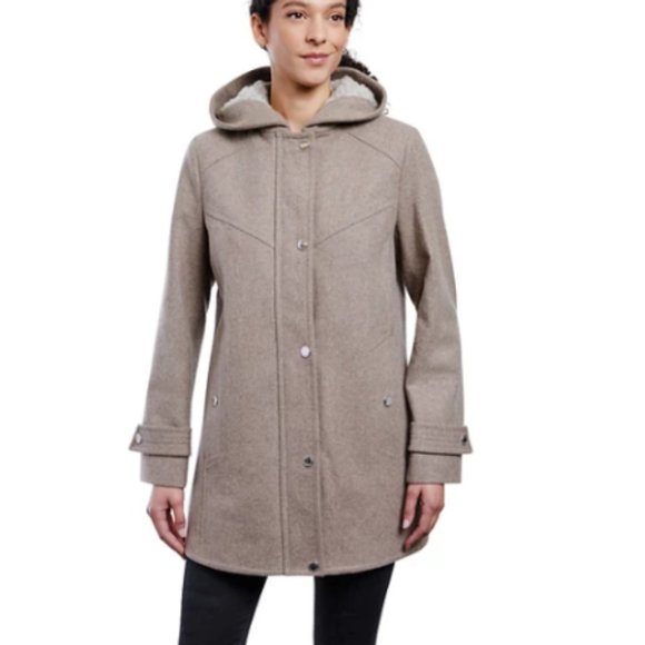 London Fog Jackets & Blazers - London Fog Sherpa Hood Wool-Blend Coat-Petite Small-Taupe Heather-New with Tags